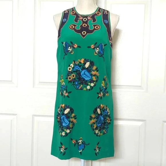 French Connection Green Floral Embroidered Silk Dress - Picture 1 of 5